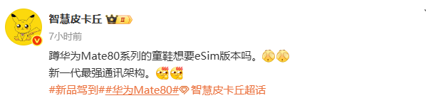 华为Mate 80系列或提供eSIM版本 并搭载最强通讯架构 华为Mate 80系列或提供eSIM版本 并搭载最强通讯架构
