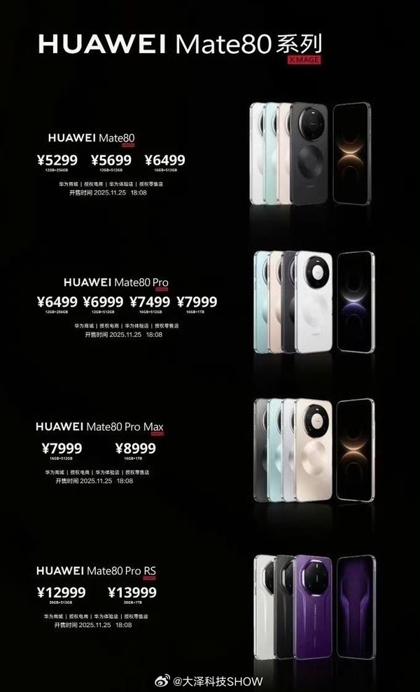 华为Mate 80系列价格曝光 开售时间为11月25日18:08 华为Mate 80系列价格曝光 开售时间为11月25日18:08