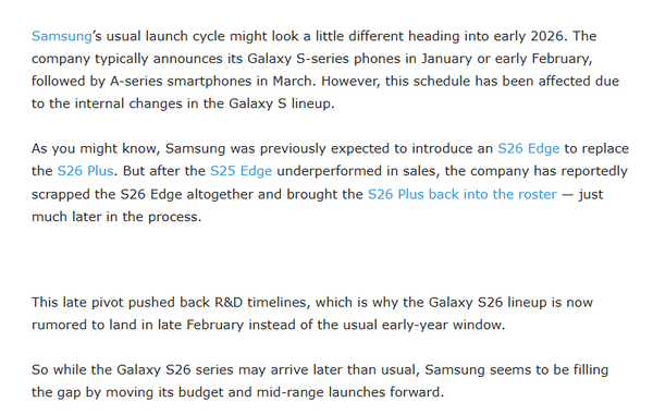 三星或在2026年提前发布A系列机型 以填补S26延期空档